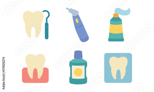 Dental care icons: toothpaste, toothbrush, drill and mouthwash in flat design