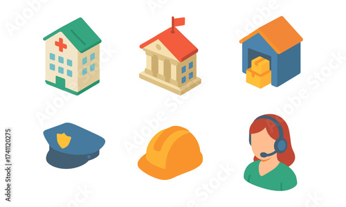 Isometric icons set: hospital, bank, warehouse, police, construction, call center