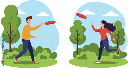 Couple playing frisbee, active park scene, outdoor fun moment, casual sports illustration, green nature background, joyful interaction, lifestyle artwork
