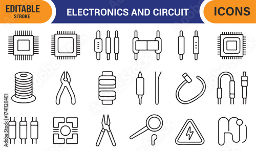Electrical engineering icon pack, line vector of components and hardware schematic tools