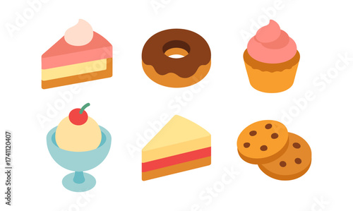 Isometric dessert icons: cake, donut, cupcake, ice cream, cookies