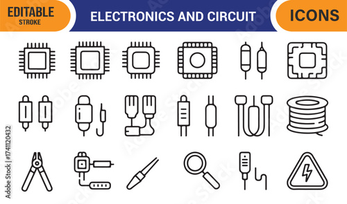 Electronics and circuit icons set, editable stroke vector of microchips, resistors, and wires