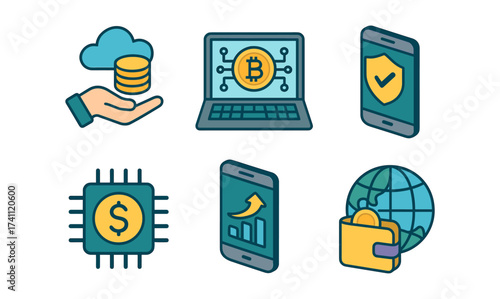Innovative technology icon set: blockchain, cryptocurrency, mobile security, data cloud