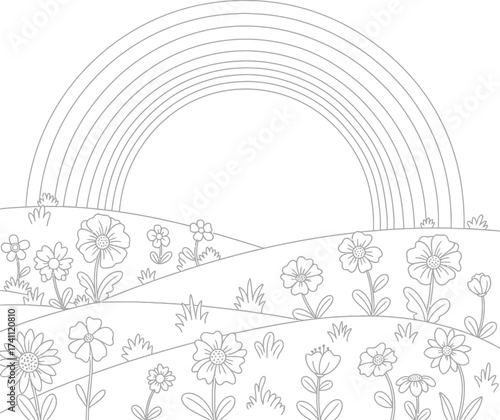 Serene black and white cartoon illustration of a vibrant flower meadow under a beautiful rainbow, perfect for children's coloring books, spring, and nature-themed designs.
