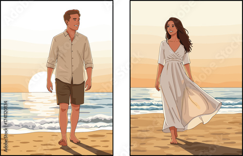 Couple walking on beach, sunset scene illustration, romantic coastal moment, barefoot stroll, serene ocean view, lifestyle artwork, travel inspiration