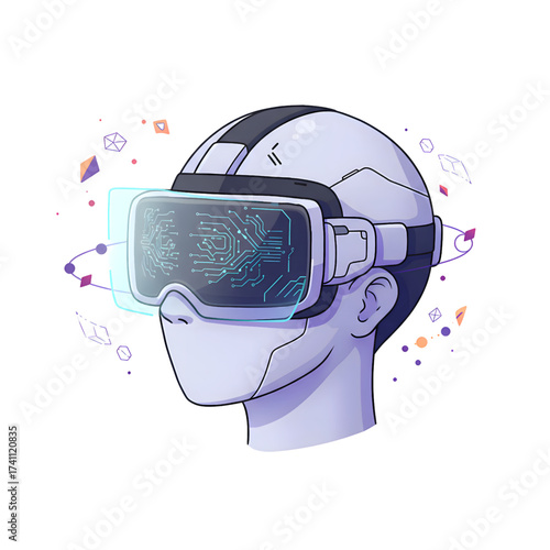 Side view of a cyborg head wearing futuristic VR glasses with glowing blue electronic circles