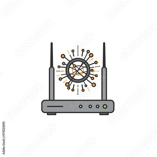 Flat gray Wi-Fi router with dual antennas and abstract spiked network icon