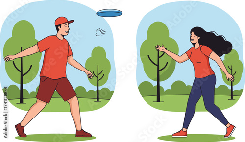 Couple playing frisbee, outdoor park activity, casual sports scene, green grass background, leisure illustration, active lifestyle, summer fun, joyful moment