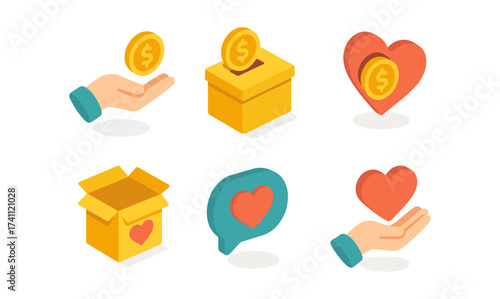 Isometric icons of giving and charity: hands, coins, hearts, and boxes