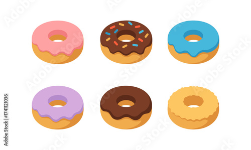 Colorful assorted donuts with different icing and toppings in isometric style