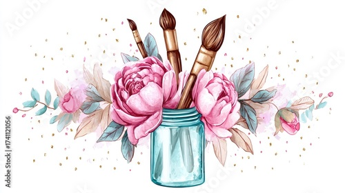 paintbrushes in a glass jar with peonies