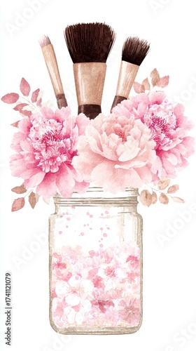 paintbrushes in a glass jar with peonies