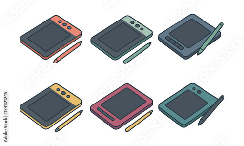 Colorful isometric drawing tablets with stylus pens in various angles