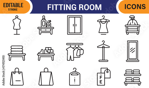 Dressing and changing room icon set, flat line vector symbols for boutique and wardrobe design