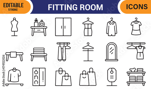 Fitting room icons set, editable stroke vector of dressing mirror, hanger, and fashion wardrobe