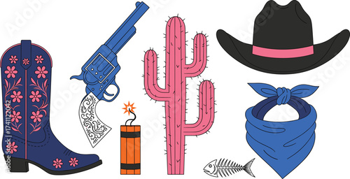 Western cowboy icons, cactus, revolver gun, dynamite, cowboy boot, hat, bandana, skeleton fish, desert style vintage wild west illustration pack