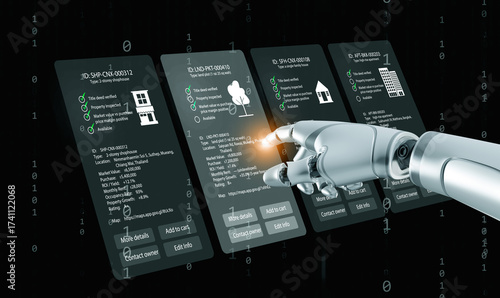 Artificial intelligence robot using futuristic digital interface to analyze real estate property investment and management data. AI automation, PropTech, smart real estate technology.