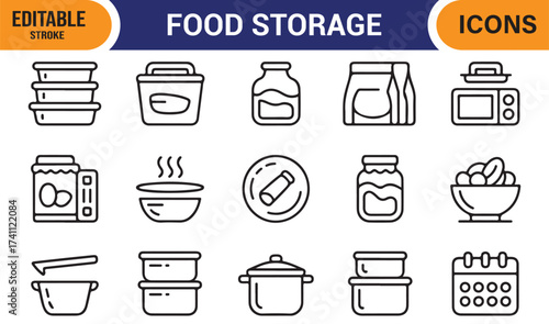 Storage and preservation vector icons, clean outline pack for kitchen and food projects