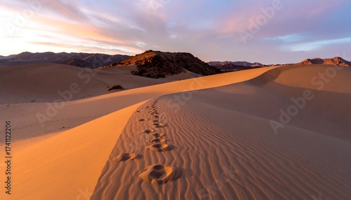 Fototapeta Naklejka Na Ścianę i Meble -  Golden desert footprints at sunrise