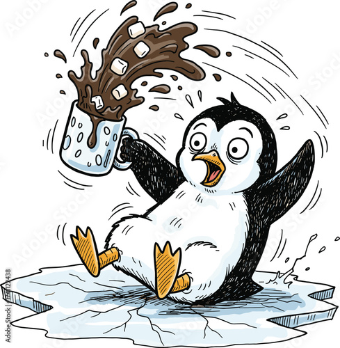 Clumsy Penguin Spilling Hot Chocolate on Ice