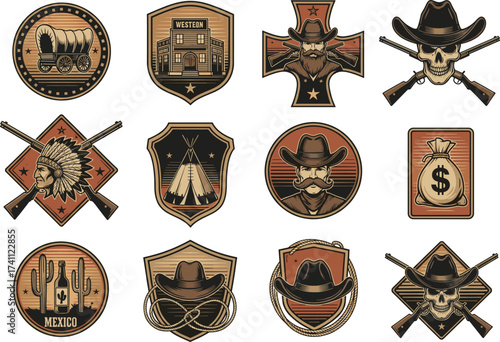 Wild west cowboy badges, vintage western emblem set with skulls, guns, hats, saloon, wagon, sheriff symbols, retro vector illustration pack