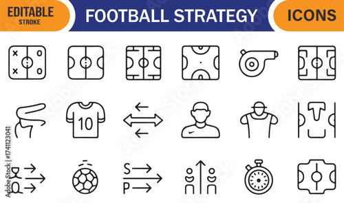 Soccer game planning icons set, minimal vector line art of field and tactical symbols