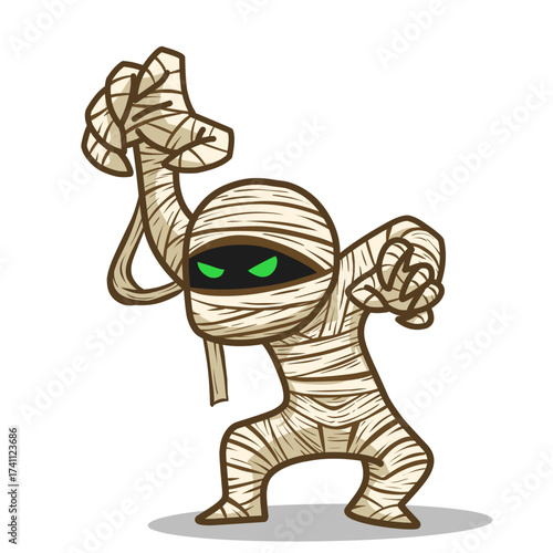 A spooky and adorable cartoon illustration of an ancient mummy wrapped in bandages with glowing green eyes, striking a dramatic pose. This image is excellent for Halloween, ancient Egypt, monster