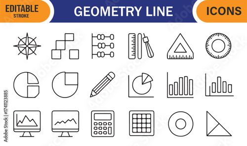 Vector line icons of geometric tools, charts, and data graphs for academic design use