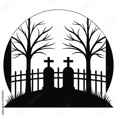 A black silhouette of a grim reaper in a forest