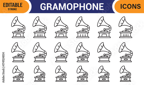Retro audio device icon set – phonograph and record player outline vector symbols.