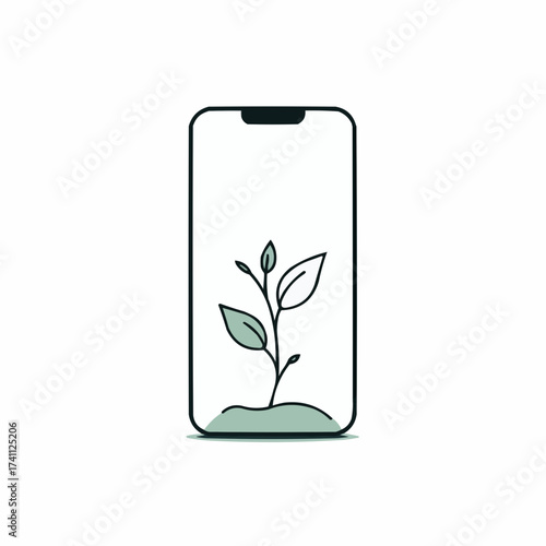 A smartphone with a small plant growing from its screen, representing digital detox and life balance. Ultra-minimalist organic line art for wellness blogs, mental health awareness, and modern branding