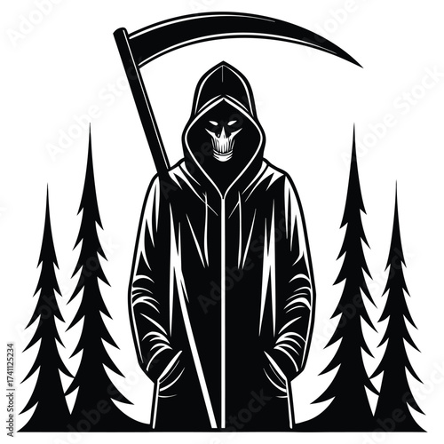 A black silhouette of a grim reaper in a forest