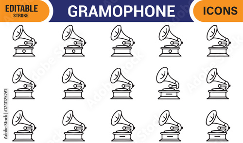 Vintage gramophone icon pack – minimal line art vector symbols for retro audio design.