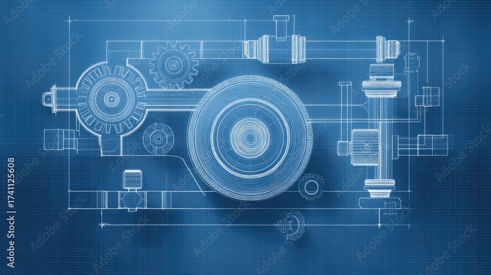 Fototapeta premium Detailed Technical Blueprint of a Mechanical Gear System with Clearly Defined Components on a Blue Background for Engineering and Design Projects
