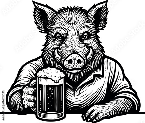Boar with Beer vector silhouette clipart design