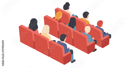 Isometric people sitting in red auditorium seats viewed from above