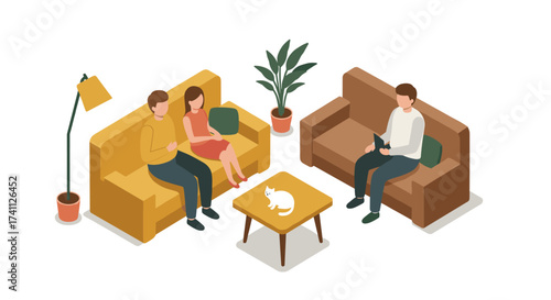 Cozy living room with people relaxing and socializing in isometric design