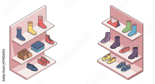 Isometric shoe and apparel display in modern retail shelves