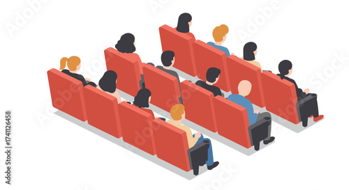 Isometric audience in theater seating on white background