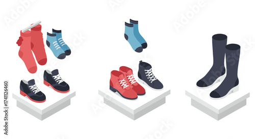 Isometric display of footwear and socks in modern style