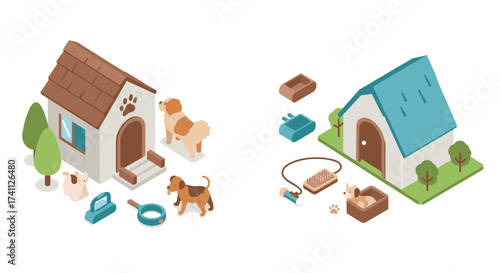Isometric dog houses and accessories with playful pets
