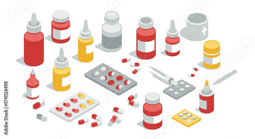Isometric display of various pharmaceutical bottles and pills on a white background