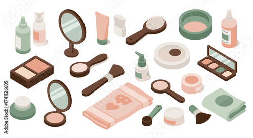 Isometric bathroom essentials: cosmetic and grooming tools collection