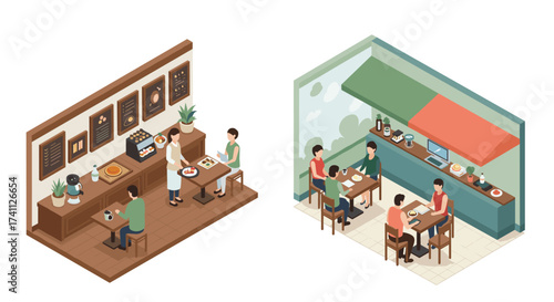Isometric restaurant interiors with minimalist wooden and modern café designs