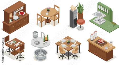 Isometric dining room and kitchen furniture collection for modern interior design