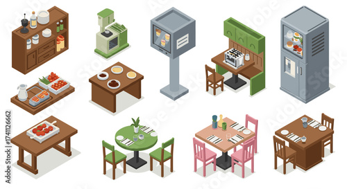 Isometric kitchen interior elements set: tables, chairs, appliances, modern design