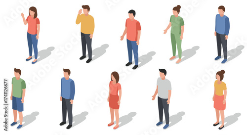 Diverse group of isometric people in casual clothing on white background