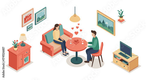 Cozy isometric living room scene with couple enjoying a romantic wine date