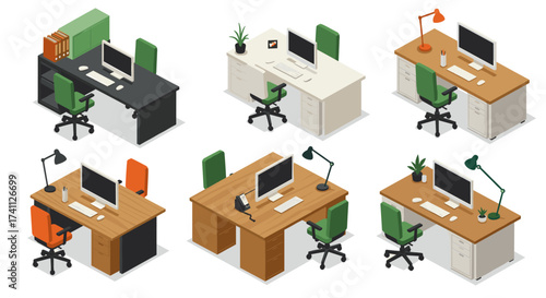 Modern isometric office desks with computers and chairs in various arrangements
