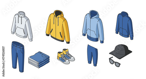 Casual streetwear collection with hoodies, jeans, and accessories in isometric style